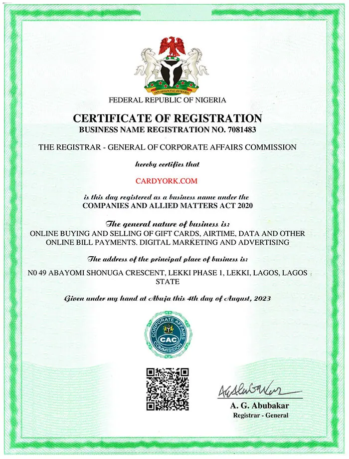 Cardyork CAC registration certificate